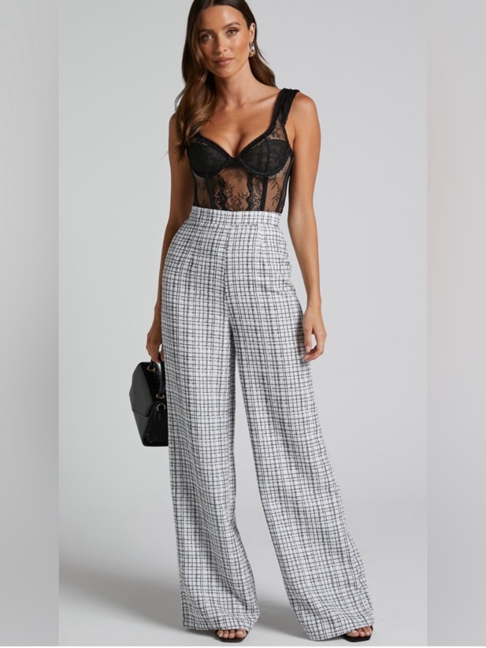 Showpo Icie Pants High Waisted Tweed Wide Leg Pants White & Black Size 4 NWT